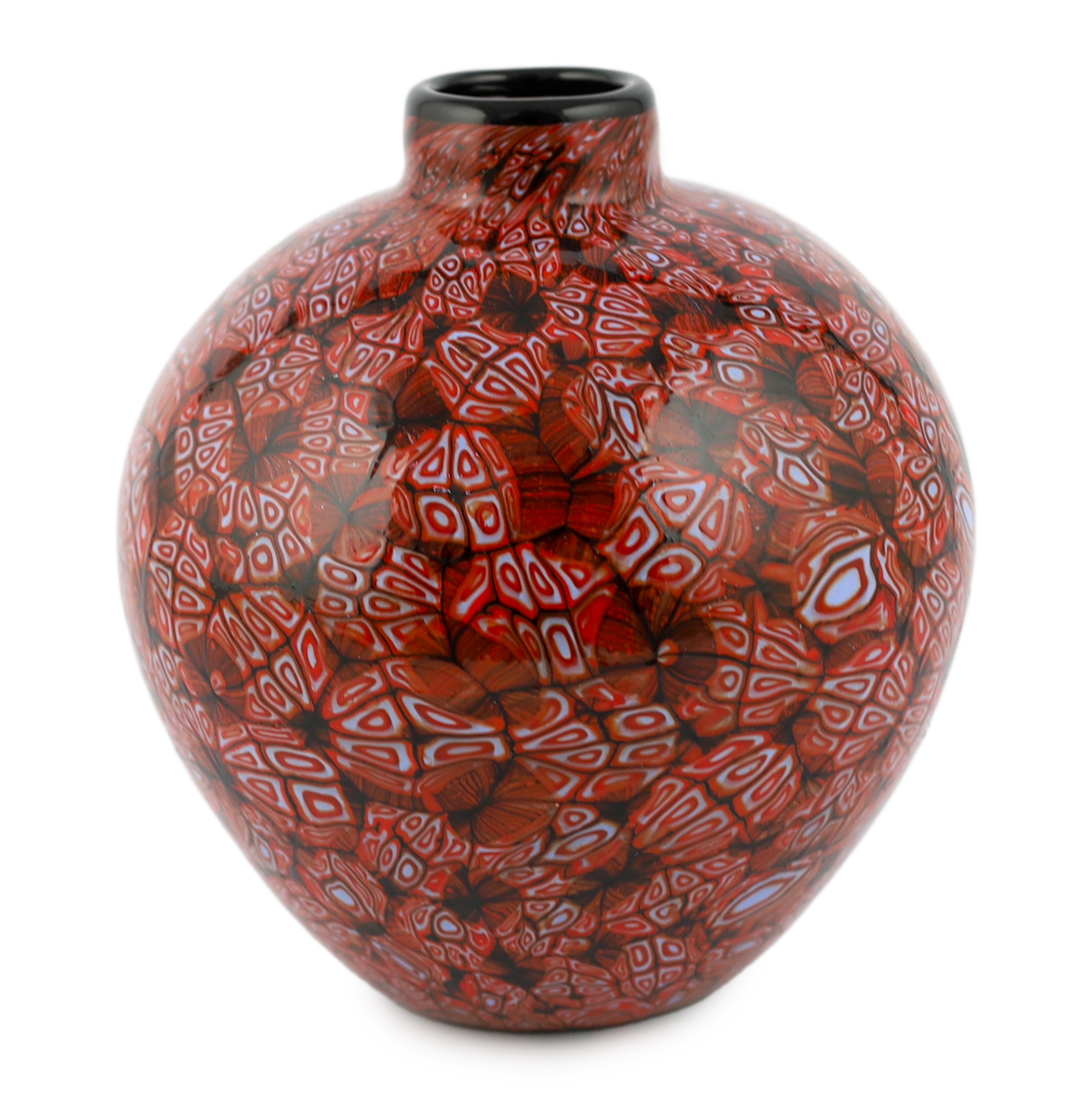 Vittorio Ferro (1932-2012) A Murano glass Murrine ovoid vase, in red, orange and white, unsigned, 21cm, Please note this lot attracts an additional import tax of 20% on the hammer price